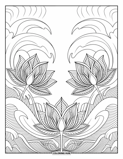 Blomstertegning til voksne: Lotusblomster i et symmetrisk mønster, omgivet af bølgende vand