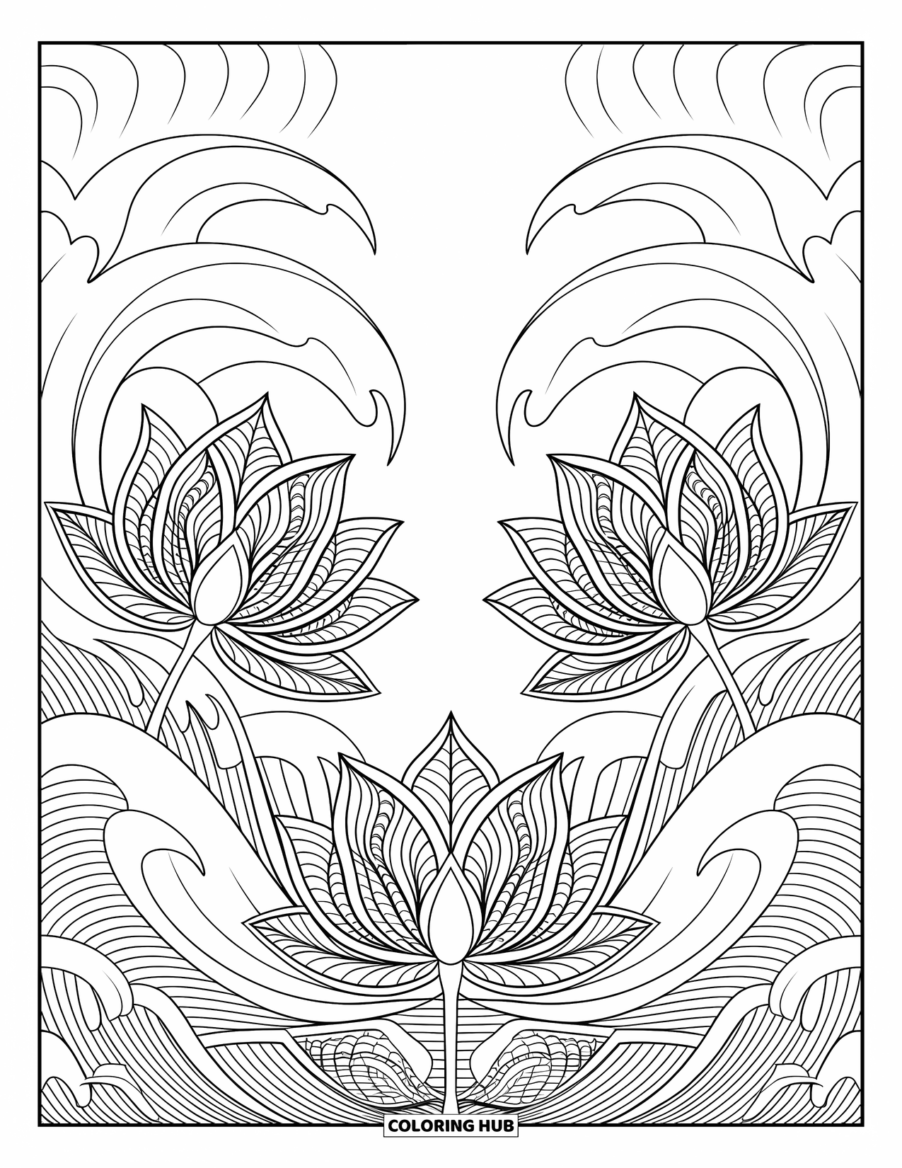 Floral Coloring Page for Adults: Lotus flowers in a symmetrical pattern, surrounded by swirling waves