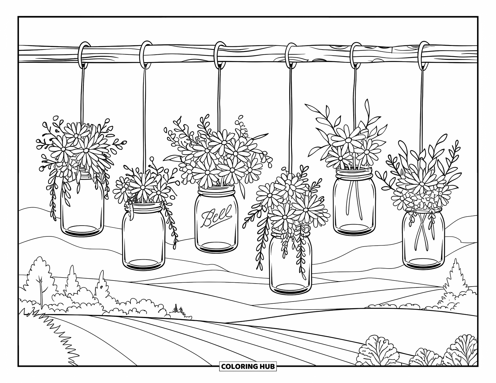 Floral Coloring Page for Adults: Mason jars filled with flowers and greenery, hanging from a rustic wooden beam