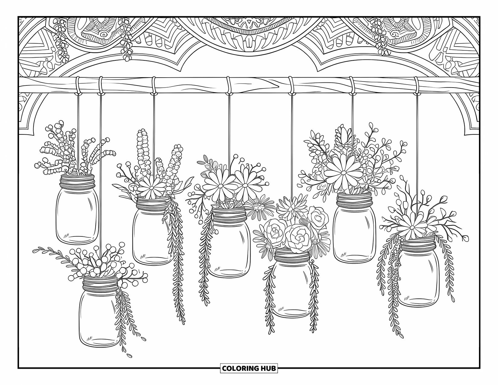Floral Coloring Page for Adults: Mason jars with floral arrangements suspended from a wooden structure
