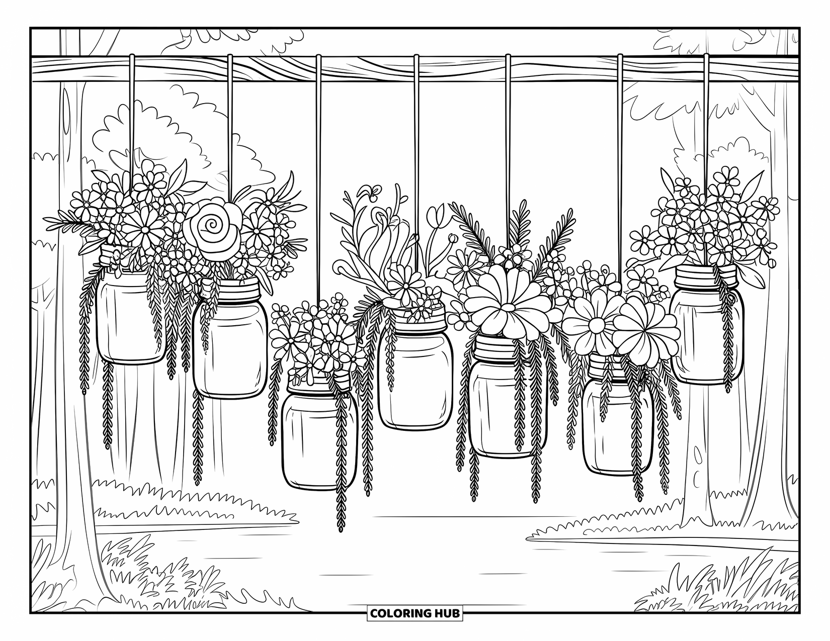 Floral Coloring Page for Adults: Mason jars with trailing greenery, hanging above a peaceful lake and trees