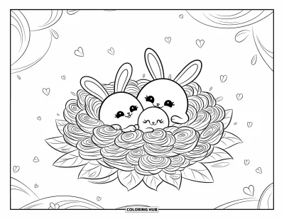 Blomstertegning til voksne: Tre små kaniner sidder tæt sammen i en blomsterrede på et lag af blade