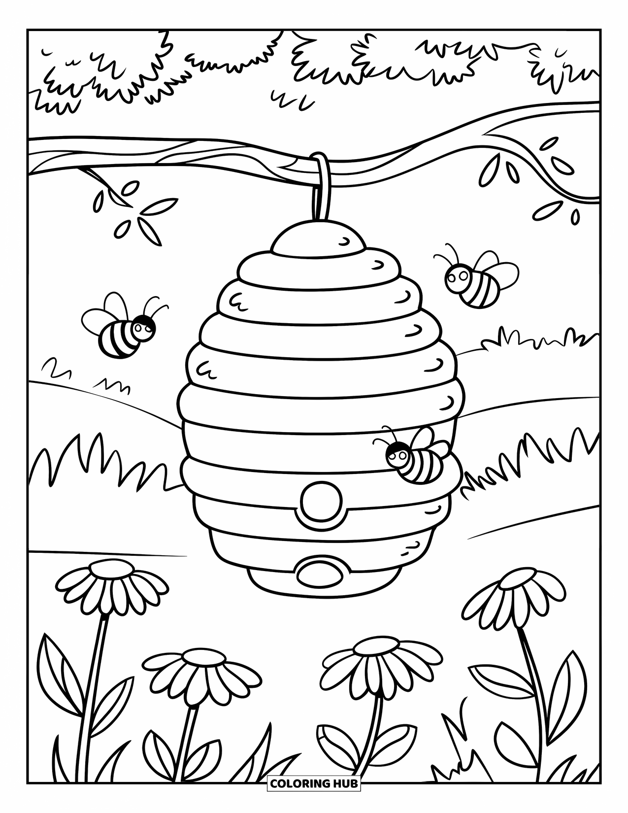 Floral Coloring Page for Kids: A beehive on a bending branch surrounded by flowers and buzzing bees in a green field