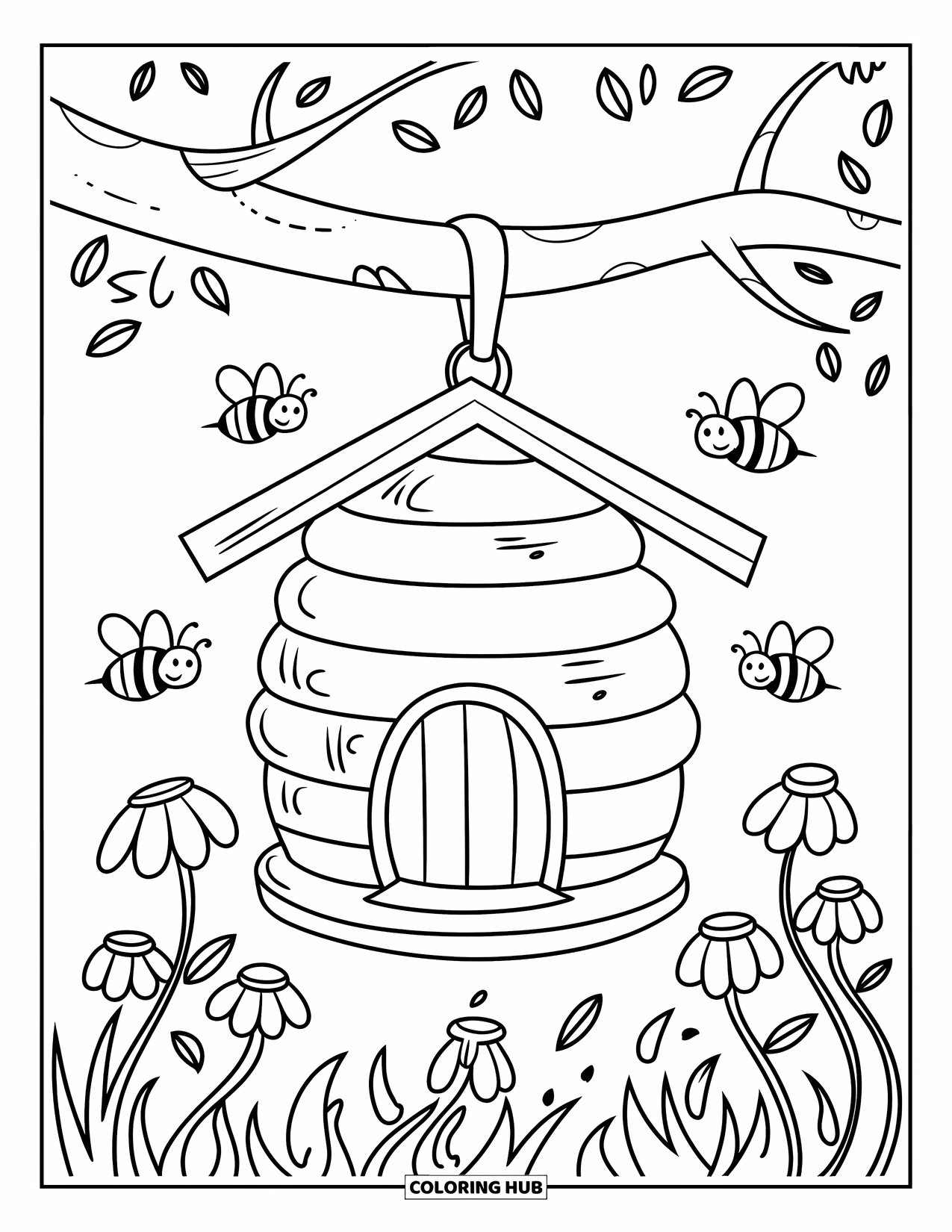 Floral Coloring Page for Kids: A beehive with a small door, thick branch, and buzzing bees flying nearby