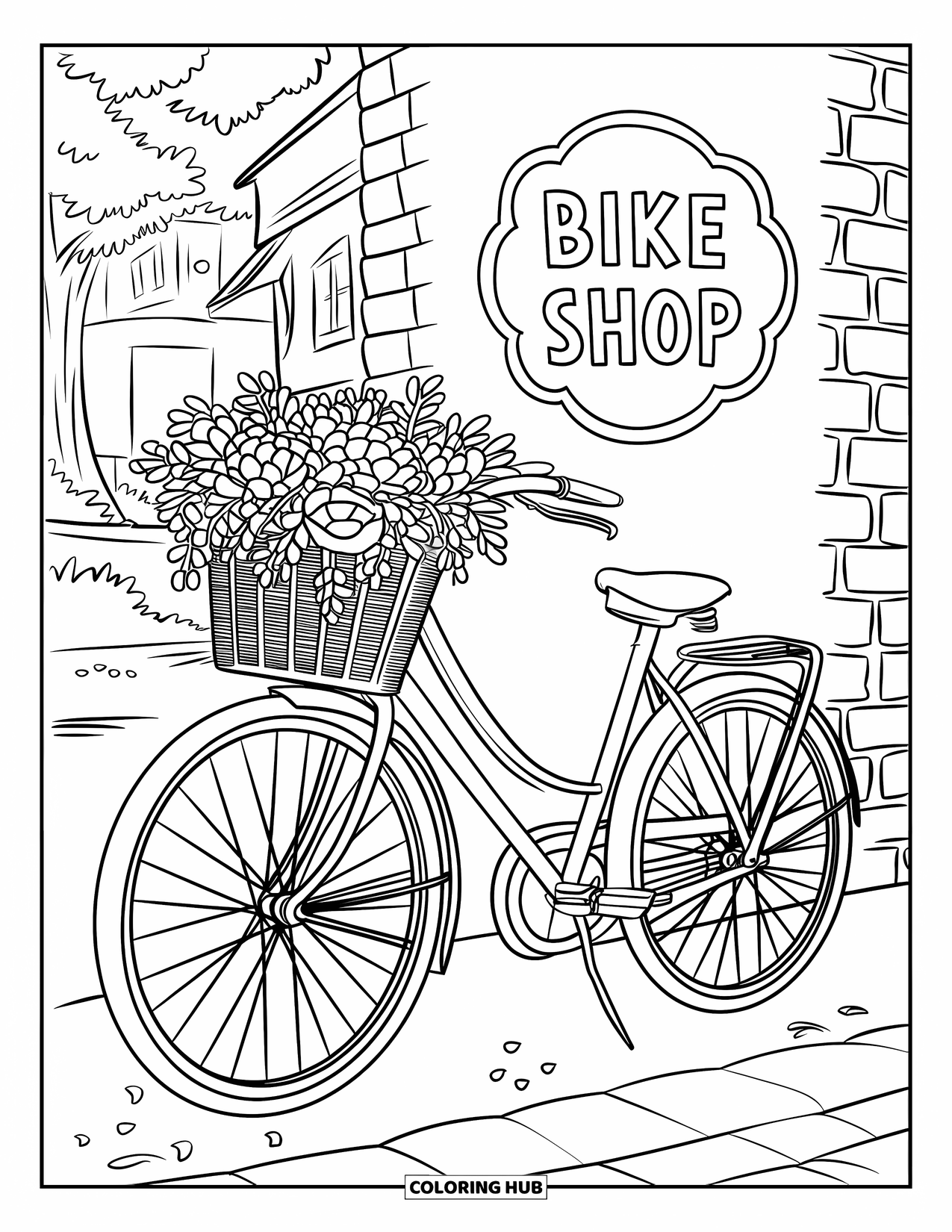 Floral Coloring Page for Kids: A bicycle with a floral basket, resting near a brick wall