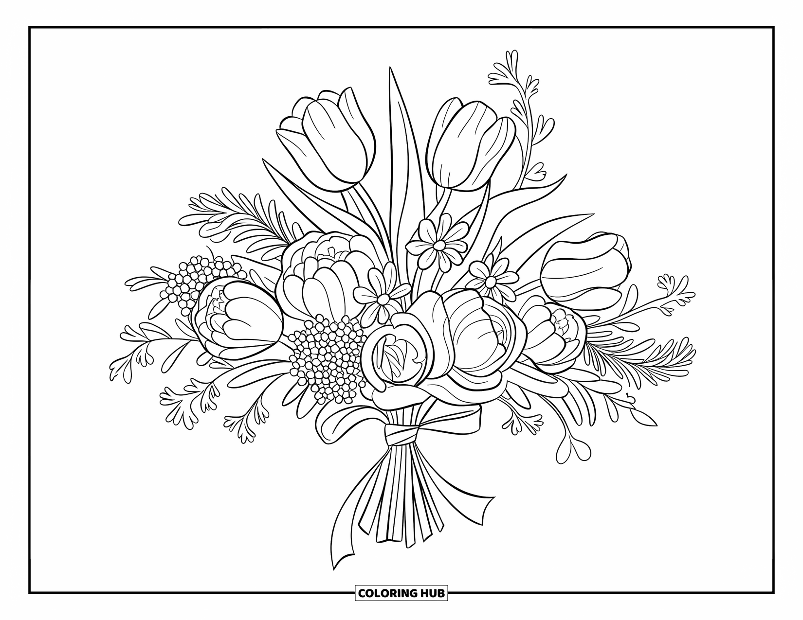 Floral Coloring Page for Kids: A bouquet of tulips, peonies, and wildflowers tied with a ribbon, floating in the air