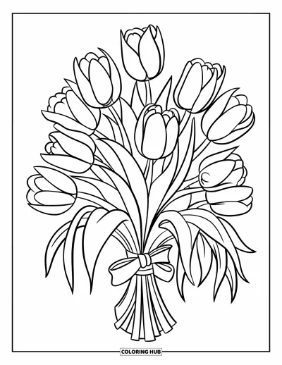 Blomstertegning til børn: En buket tulipaner bundet med et bånd, arrangeret i en vase med blade