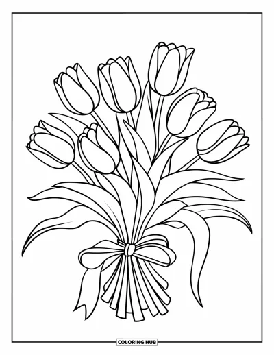 Blomstertegning til børn: En buket tulipaner bundet med et bånd, perfekt til en sjov farvelægningsoplevelse