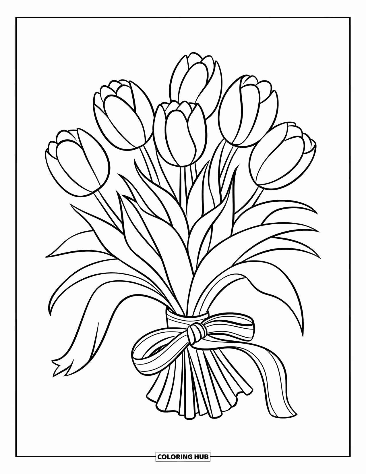Floral Coloring Page for Kids: A bouquet of tulips tied with a ribbon, with a few leaves poking out