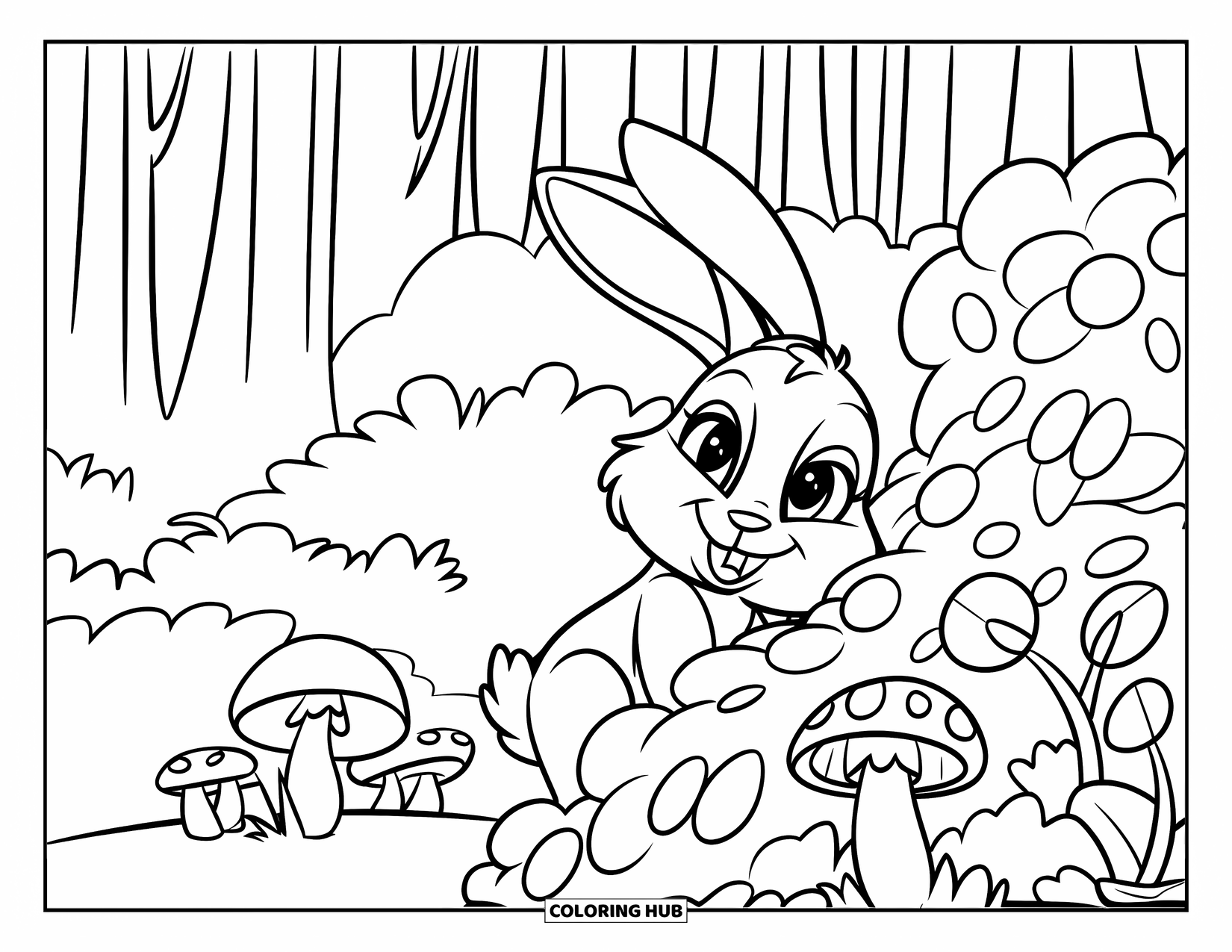 Floral Coloring Page for Kids: A bunny peeking from behind a flower bush with mushrooms nearby in a forest