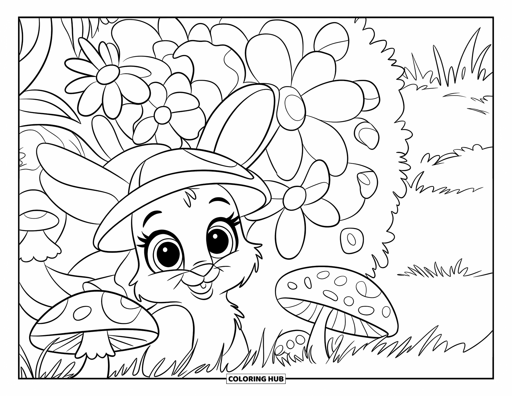 Floral Coloring Page for Kids: A bunny wearing a cute hat peeking from flowers and mushrooms in a grassy area
