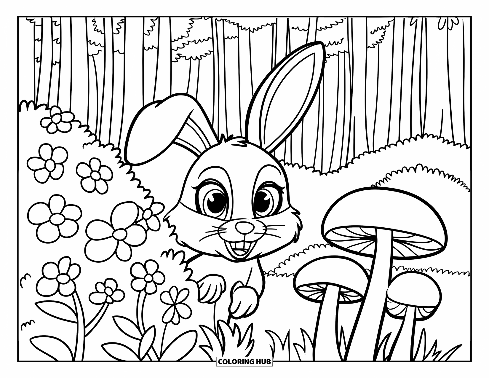Floral Coloring Page for Kids: A bunny with big eyes hiding behind flowers and tall mushrooms in a dense forest