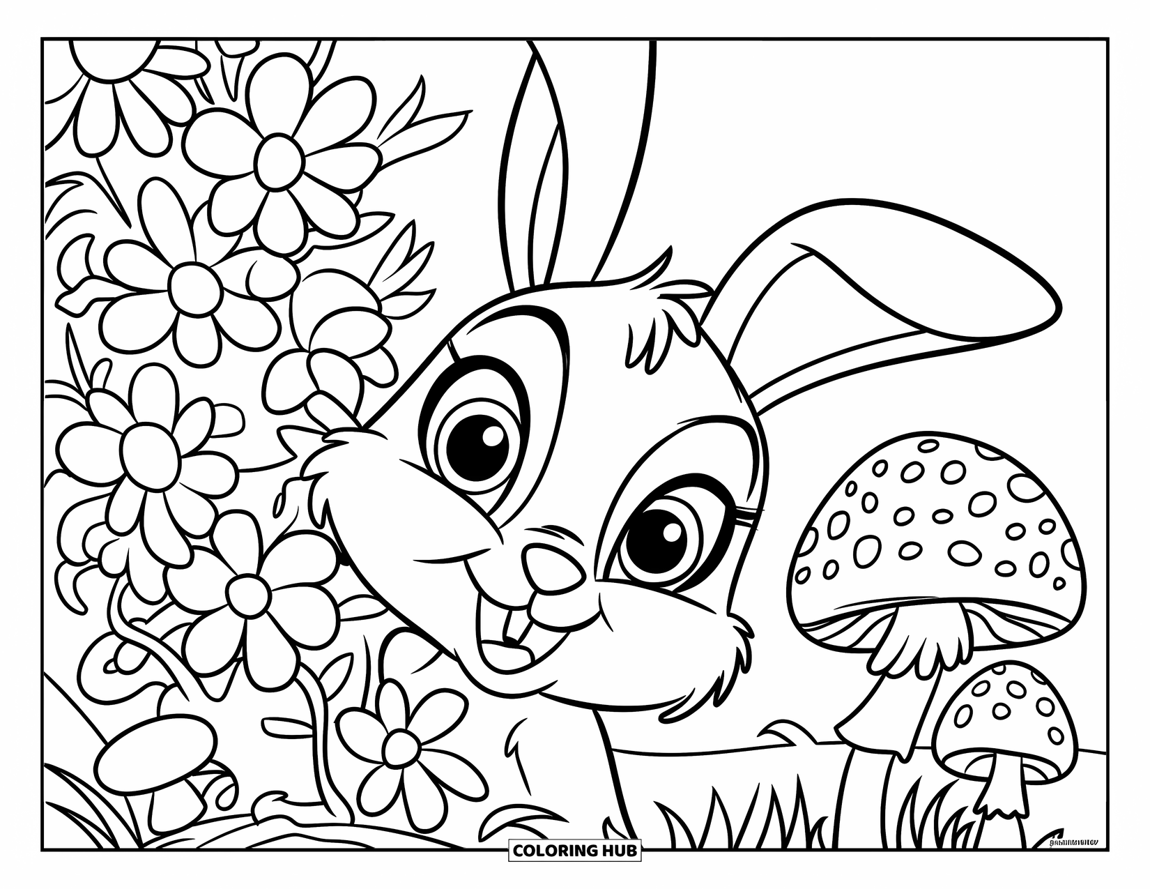 Floral Coloring Page for Kids: A bunny with large eyes peeking from flowers and mushrooms in a lush field