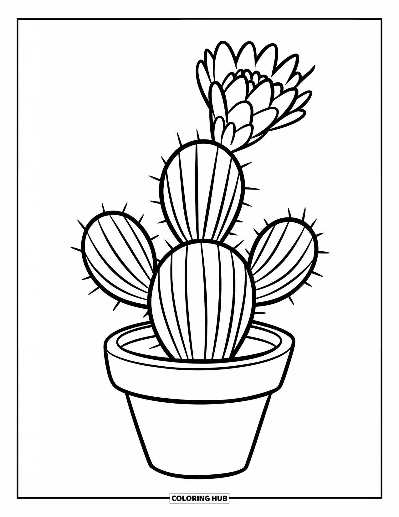 Floral Coloring Page for Kids: A cactus with three arms and a blooming flower in a simple pot