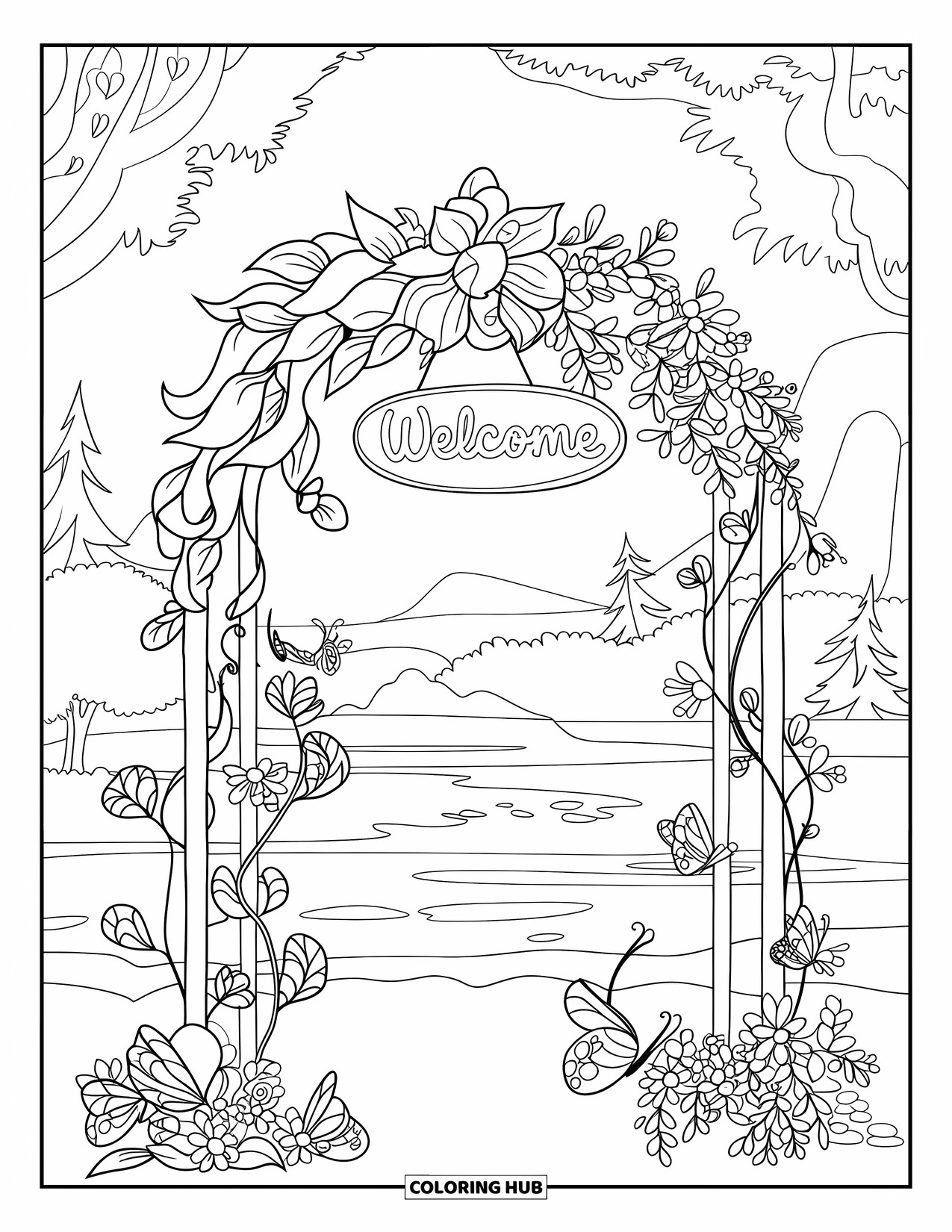Floral Coloring Page for Kids: A cascading floral archway with a "Welcome" sign and resting butterflies