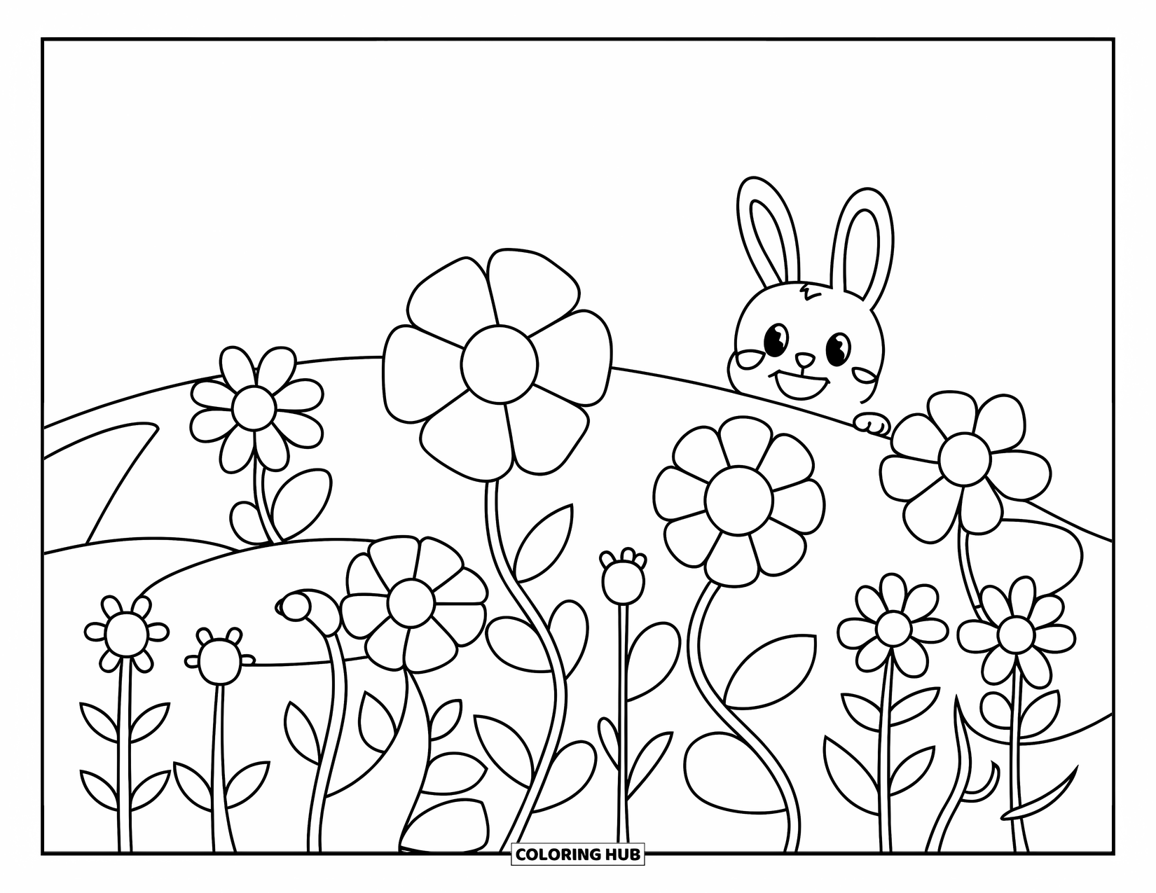 Floral Coloring Page for Kids: A cheerful flower meadow with round flowers and a tiny bunny in the corner