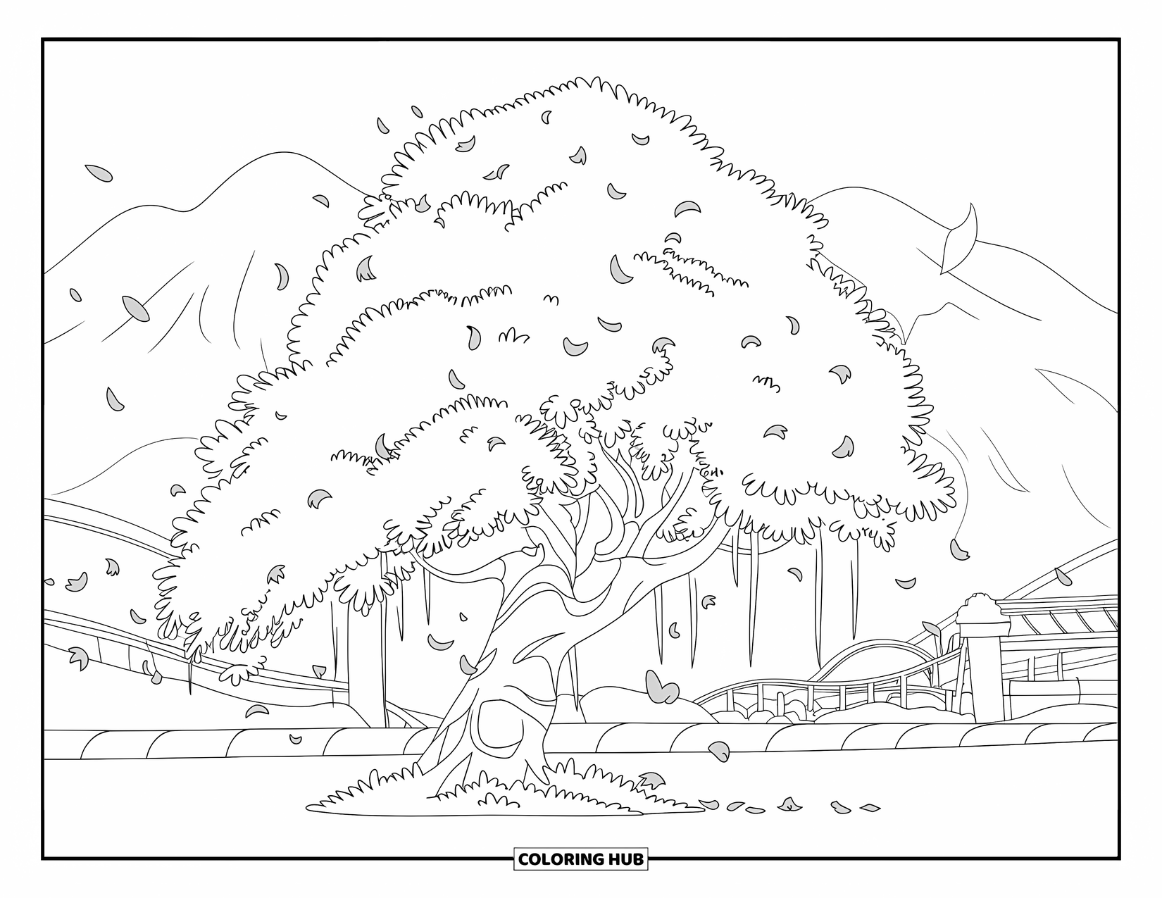 Floral Coloring Page for Kids: A cherry blossom tree in full bloom with petals scattered near mountains and a bridge