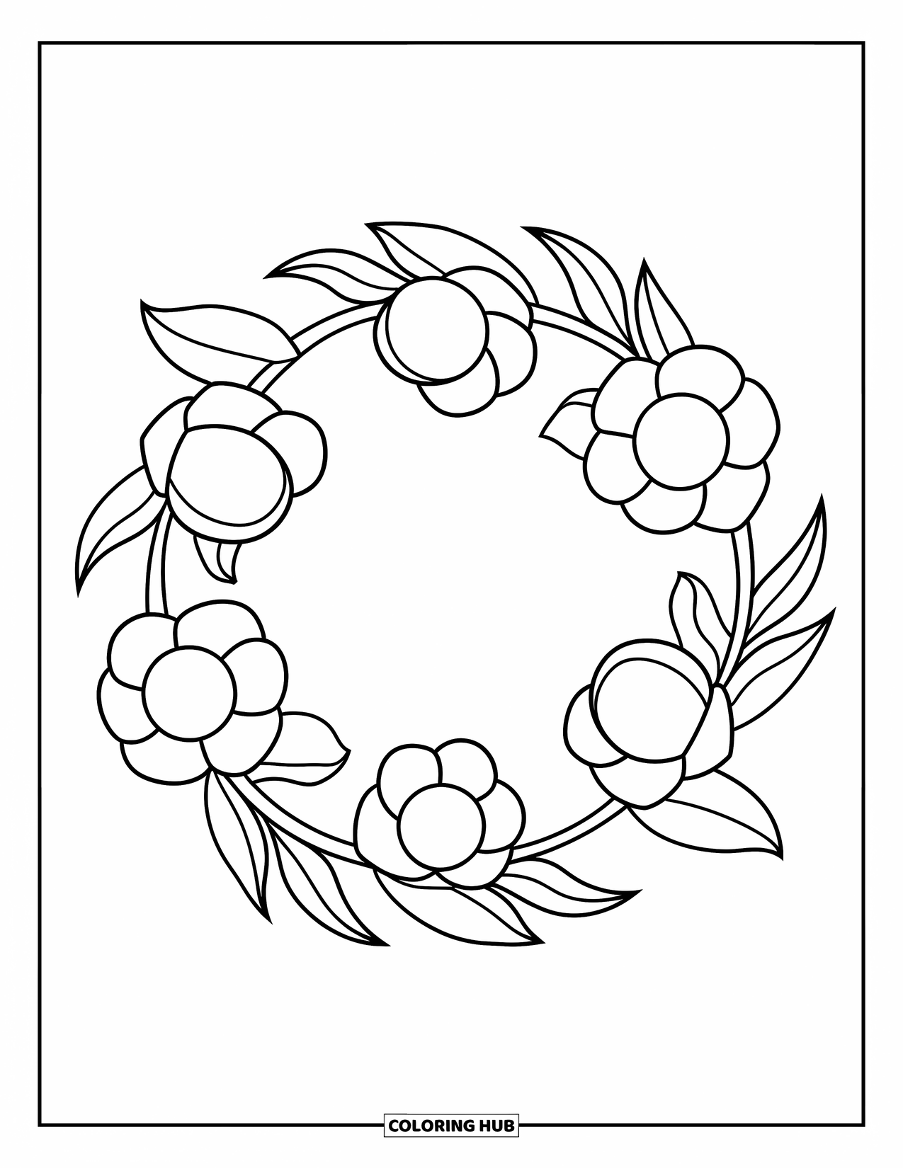 Floral Coloring Page for Kids: A circular wreath with five bold flowers and delicate, curved leaves