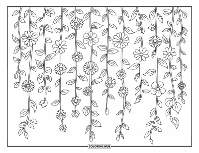 Blomstertegning til børn: Et tæppe af hængende ranker dækket med blomster, der minder om en fin have