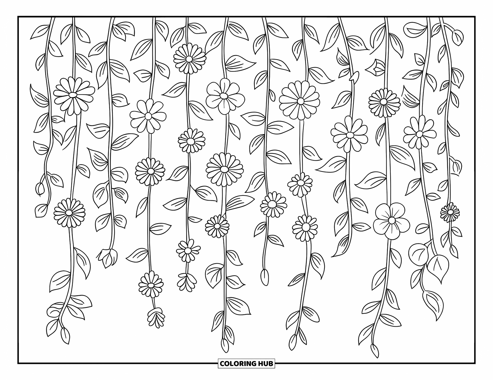 Floral Coloring Page for Kids: A curtain of hanging vines covered in flowers, resembling a delicate garden