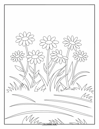 Blomstertegning til børn: Et blomsterbed med tusindfryd, bølgende græs og ingen skygger eller teksturer