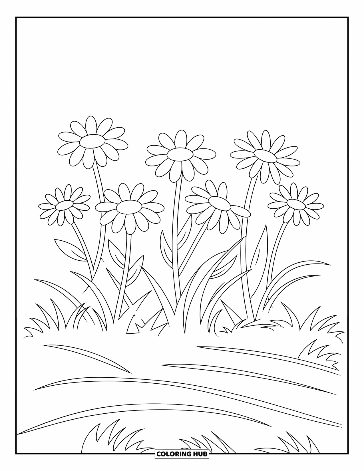 Floral Coloring Page for Kids: A daisy-filled garden bed with wavy grass and no shading or textures