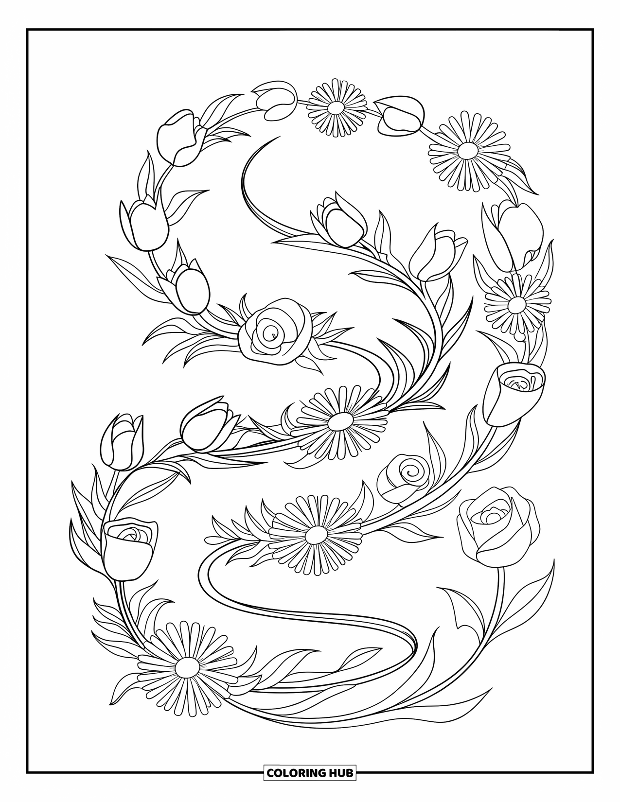 Floral Coloring Page for Kids: A dynamic floral spiral of roses, tulips, and daisies swirling upward