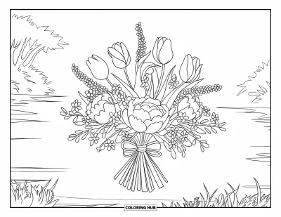 Blomstertegning til børn: En svævende buket af tulipaner, pæoner og vilde blomster mod et fredfyldt landskab