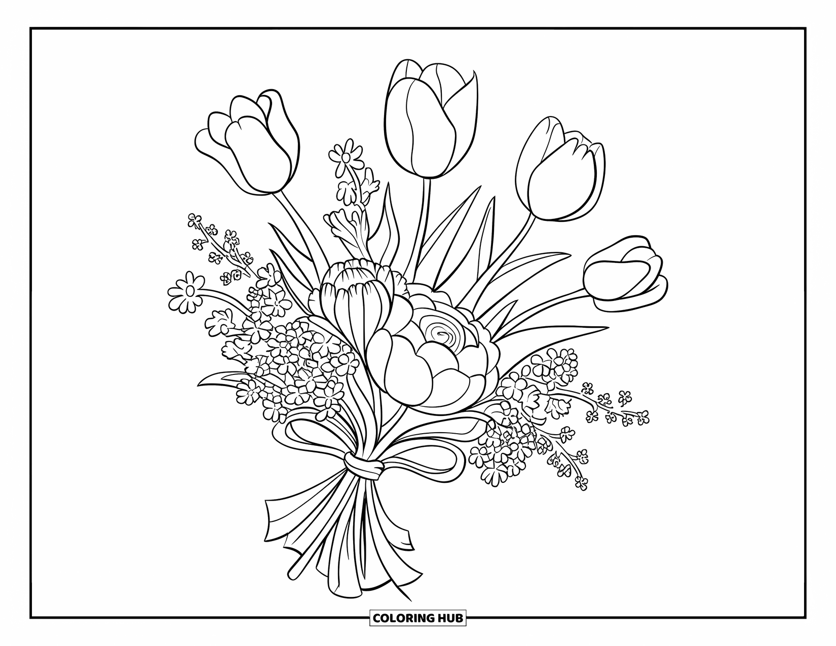Floral Coloring Page for Kids: A floating bouquet of tulips, peonies, and wildflowers tied with a ribbon