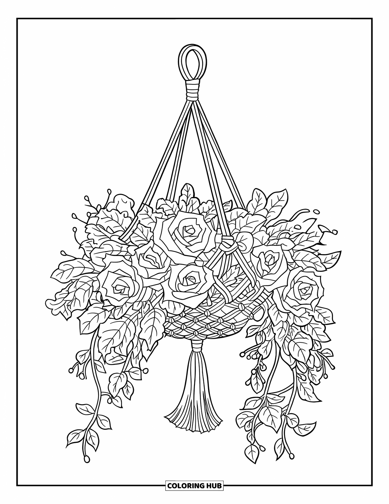 Floral Coloring Page for Kids: A floral arrangement in a macrame basket, placed on a wooden stand