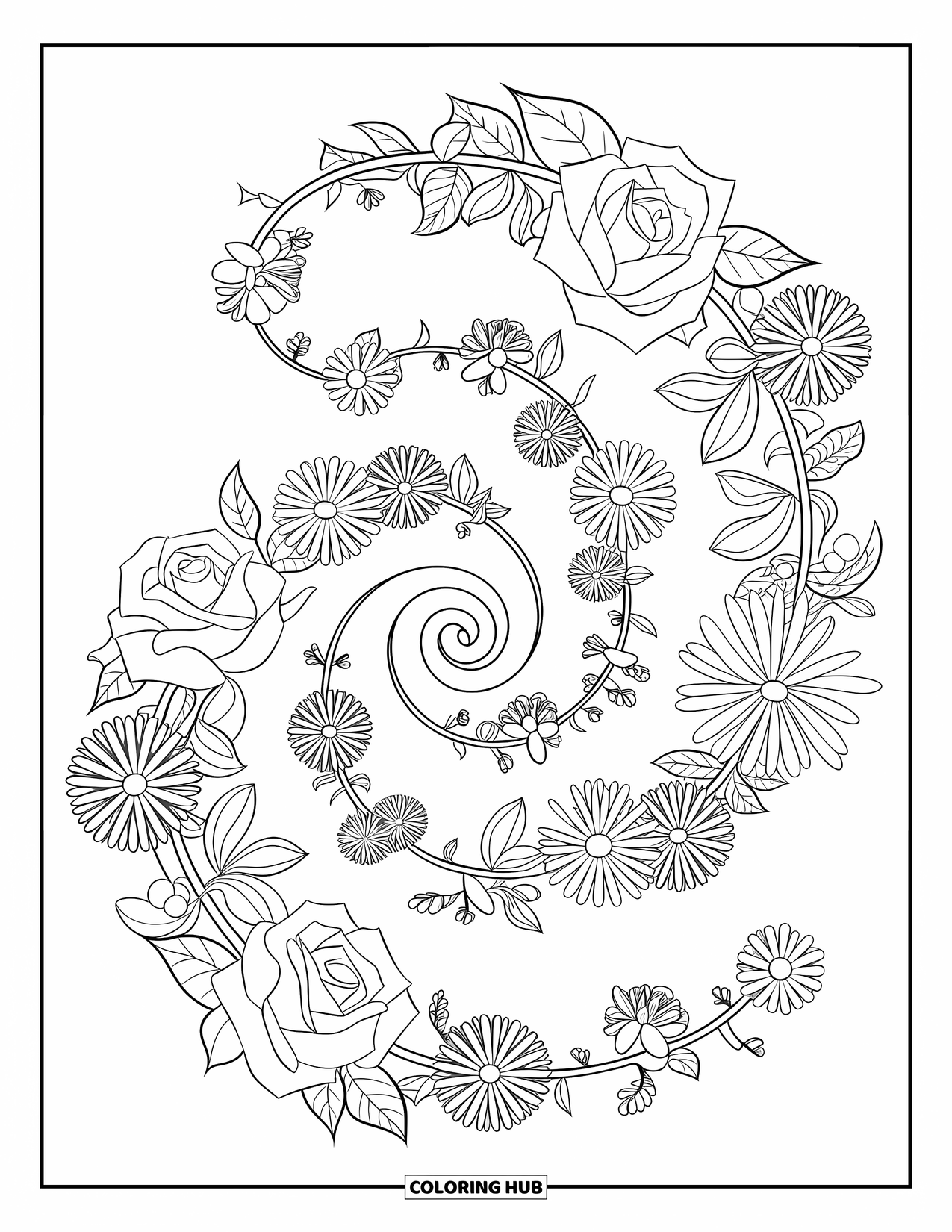 Floral Coloring Page for Kids: A floral spiral with roses, daisies, and lilies wrapping around an invisible path