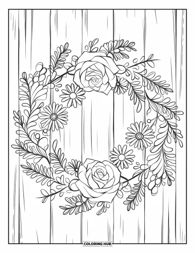 Blomstertegning til børn: En blomsterkrans af roser, tusindfryd og bregner i et cirkulært design