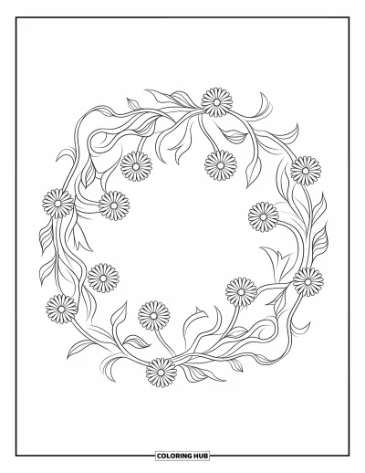 Blomstertegning til børn: En blomsterkrans med tusindfryd og ranker mod en hvid baggrund