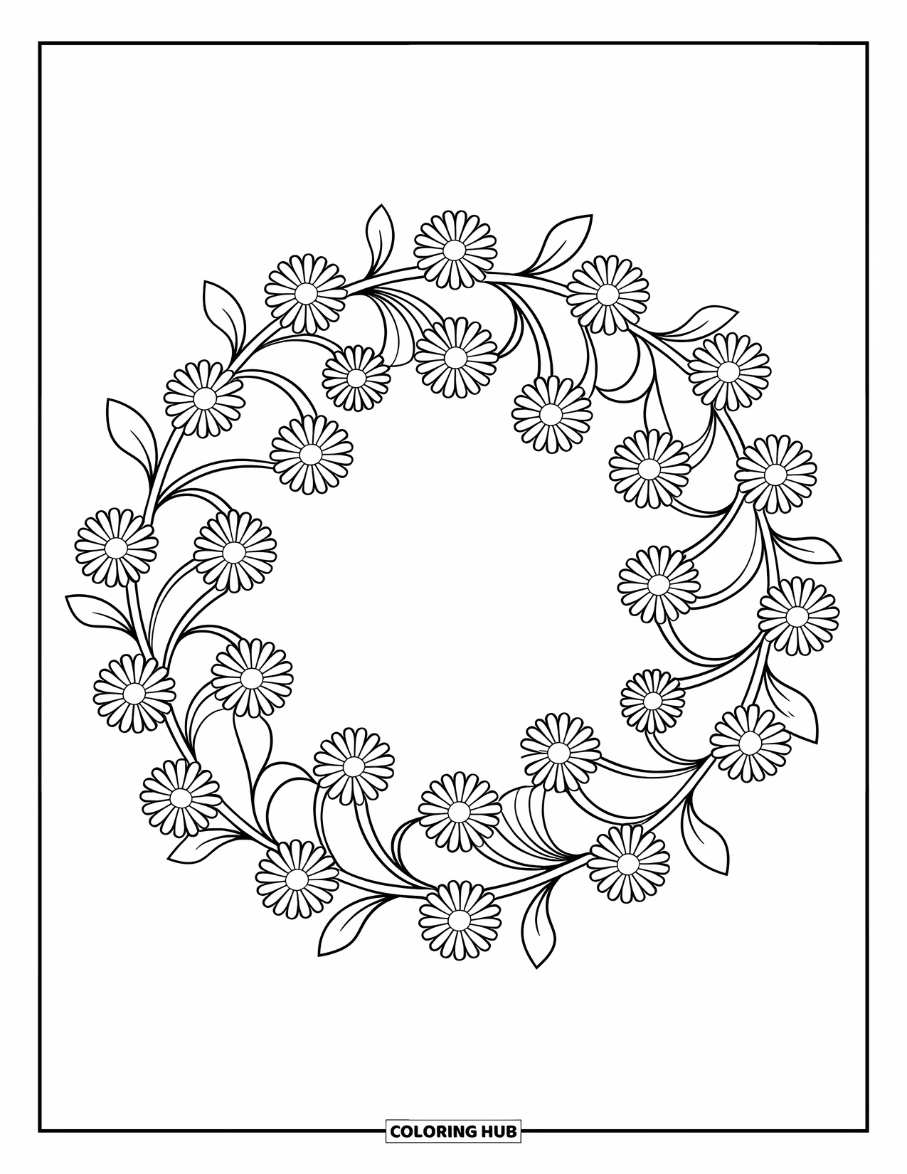 Floral Coloring Page for Kids: A floral wreath with small daisies and swirling vines forming a circular pattern