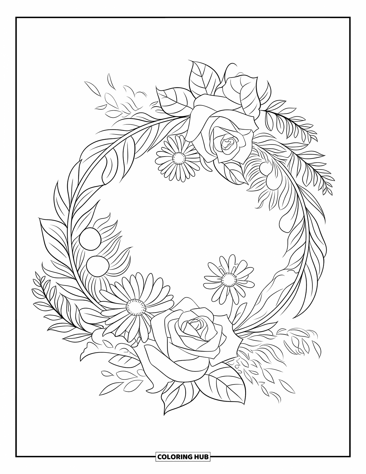 Floral Coloring Page for Kids: A floral wreath with swirling ferns and a balanced blossom arrangement