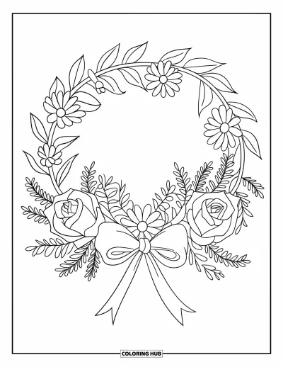Blomstertegning til børn: En blomsterkrans med et bånd, prydet med roser, tusindfryd og bregner