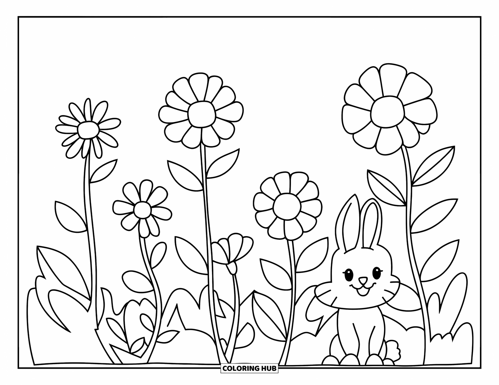 Floral Coloring Page for Kids: A flower meadow with round flowers and a tiny bunny, perfect for preschoolers