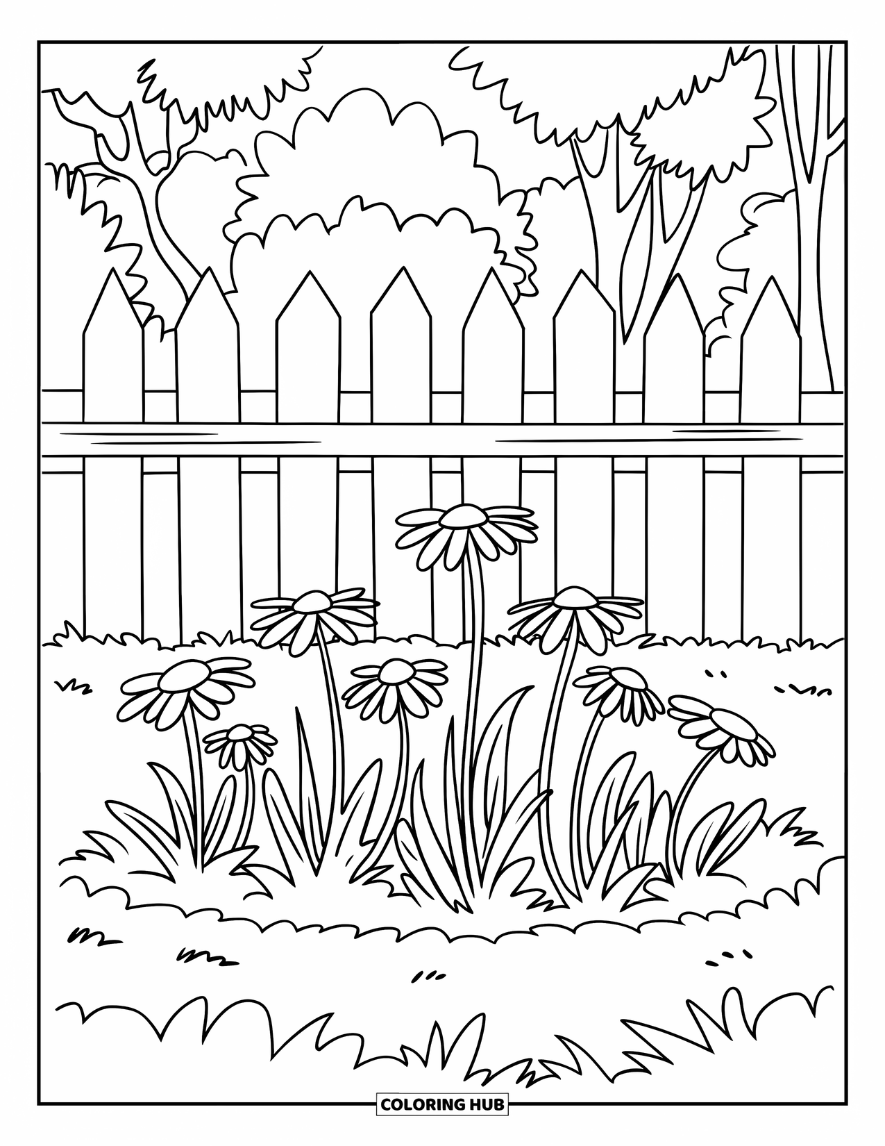 Floral Coloring Page for Kids: A garden bed with daisies and wavy grass, surrounded by a wooden fence