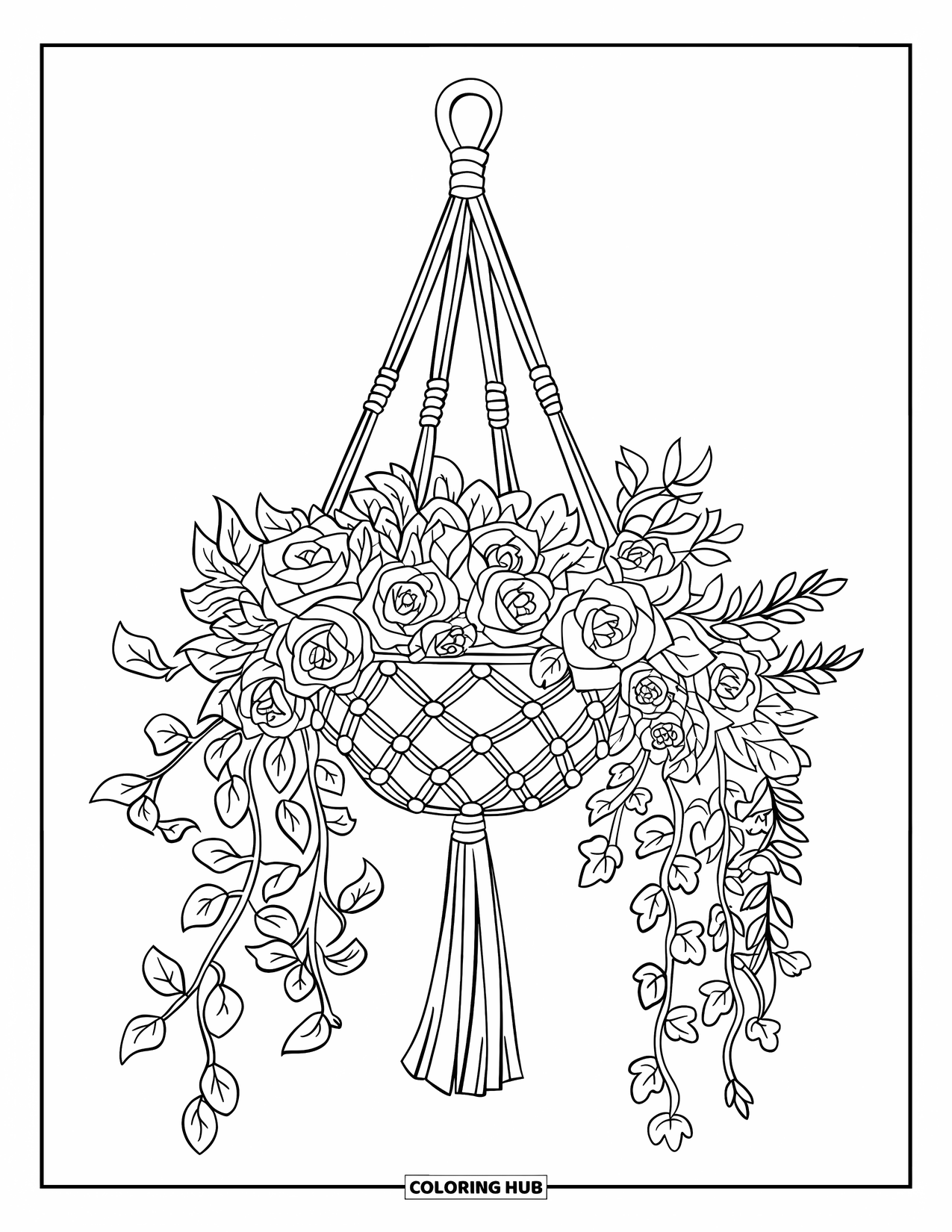 Floral Coloring Page for Kids: A hanging basket with overflowing roses and ivy