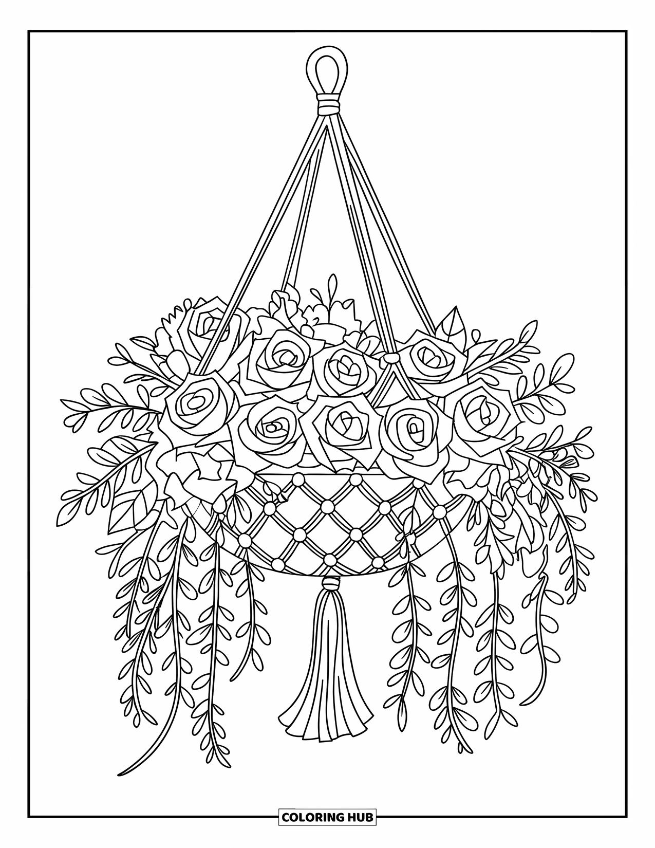 Floral Coloring Page for Kids: A hanging macrame basket overflowing with cascading roses and ivy