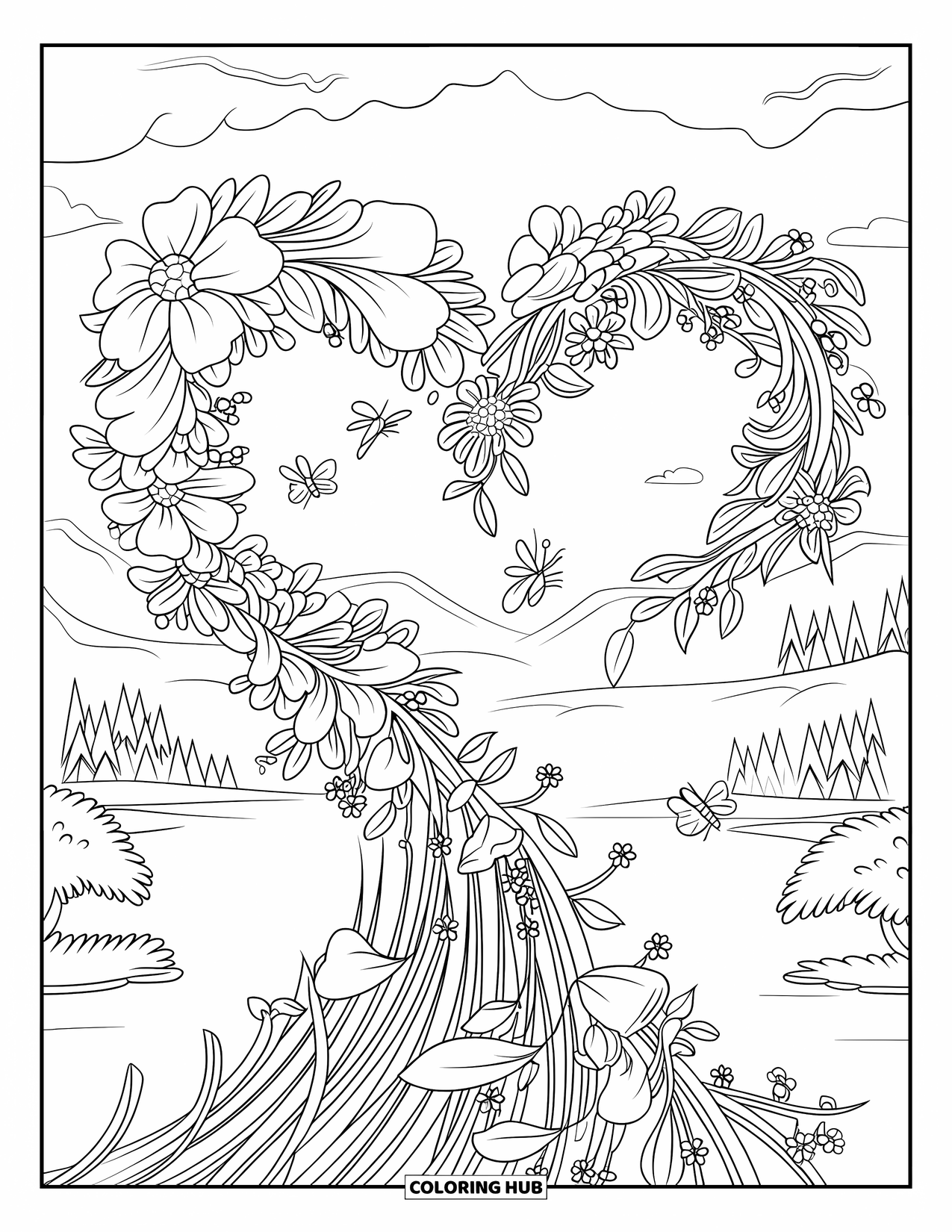 Floral Coloring Page for Kids: A heart-shaped floral archway with butterflies and bees nearby
