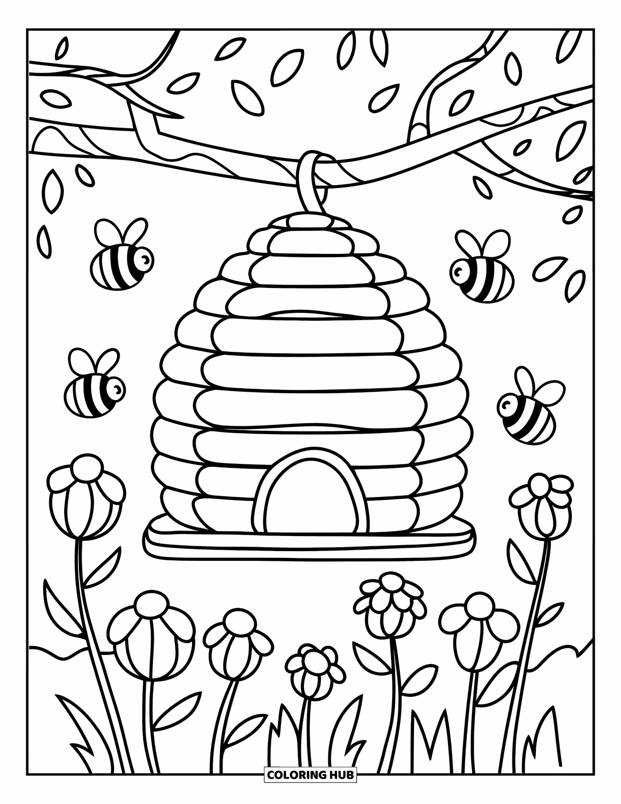 Floral Coloring Page for Kids: A hexagonal beehive hanging from a thick branch, surrounded by flowers and bees