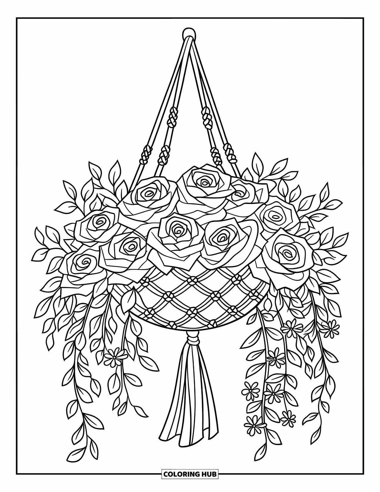 Floral Coloring Page for Kids: A macrame basket filled with cascading roses and ivy