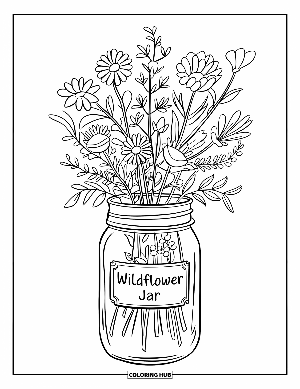 Floral Coloring Page for Kids: A mason jar filled with wildflowers and tiny leaves, labeled "Wildflower Jar