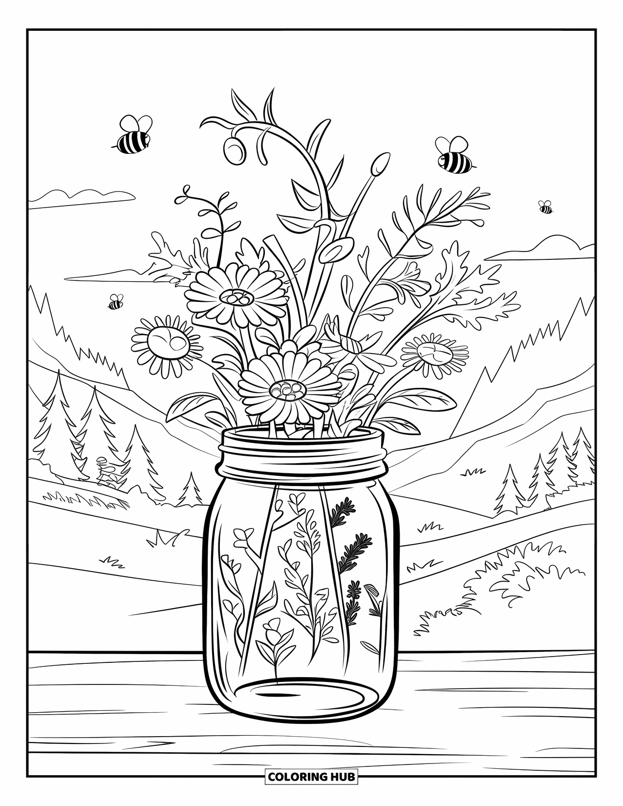 Floral Coloring Page for Kids: A mason jar filled with wildflowers and tiny leaves, resting on wood