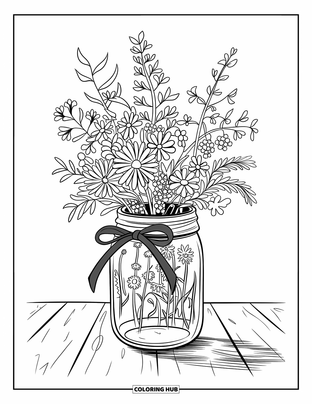 Floral Coloring Page for Kids: A mason jar with wildflowers, tied with a green ribbon, sitting on a wooden surface