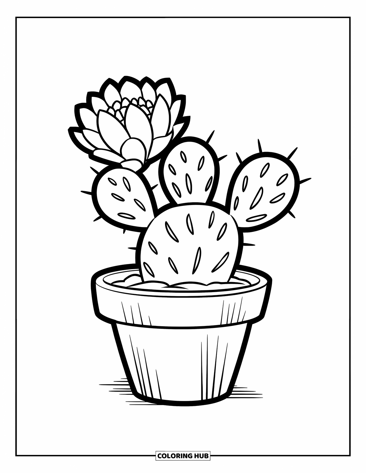 Floral Coloring Page for Kids: A potted cactus with a blooming flower sitting on a flat surface