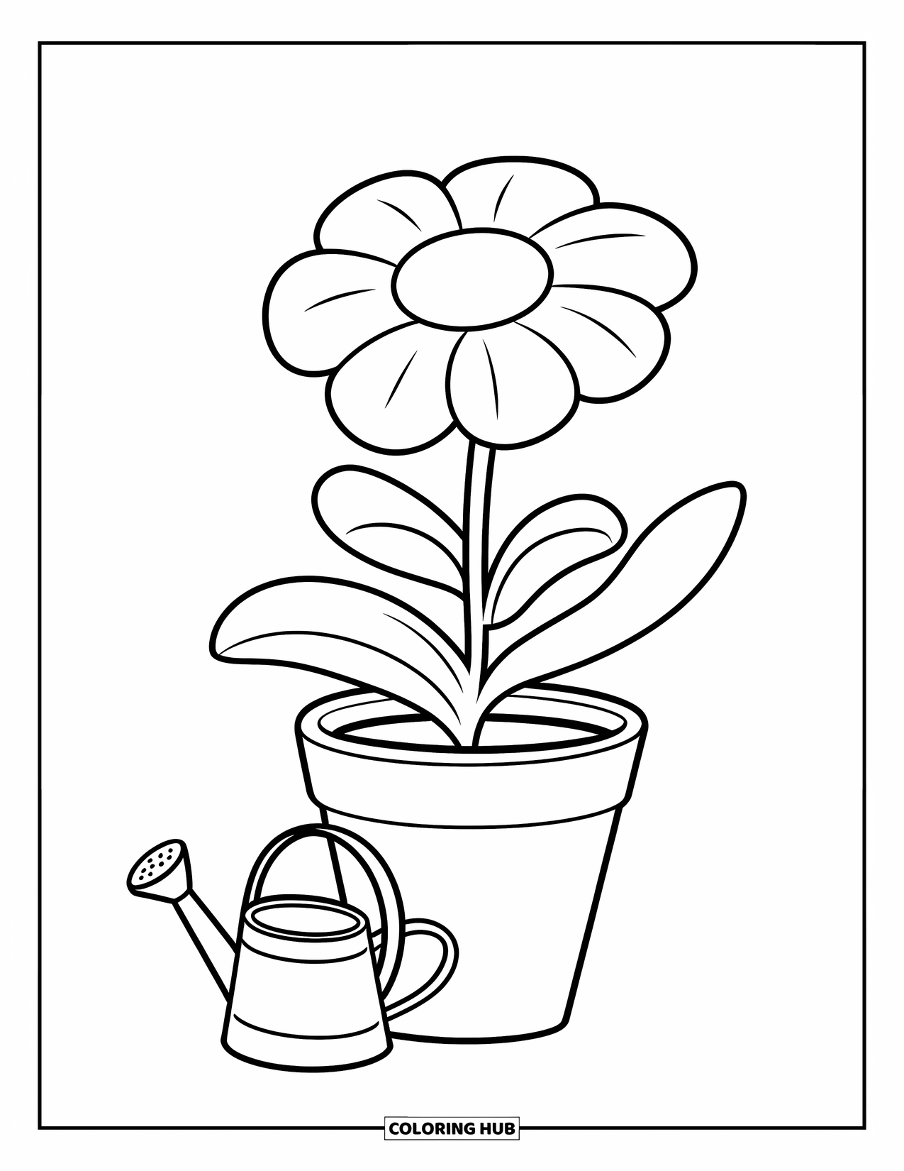 Floral Coloring Page for Kids: A potted flower with a tiny watering can beside it