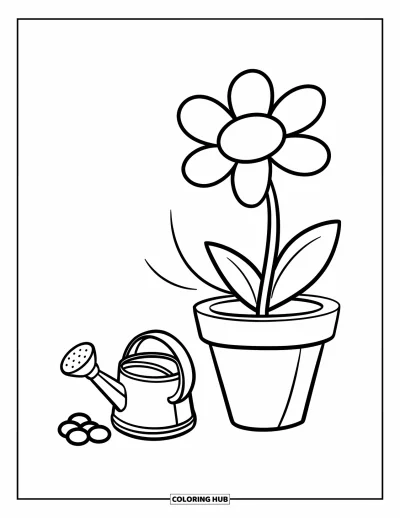 Blomstertegning til børn: En potteplante med store kronblade og en lille vandkande ved siden af
