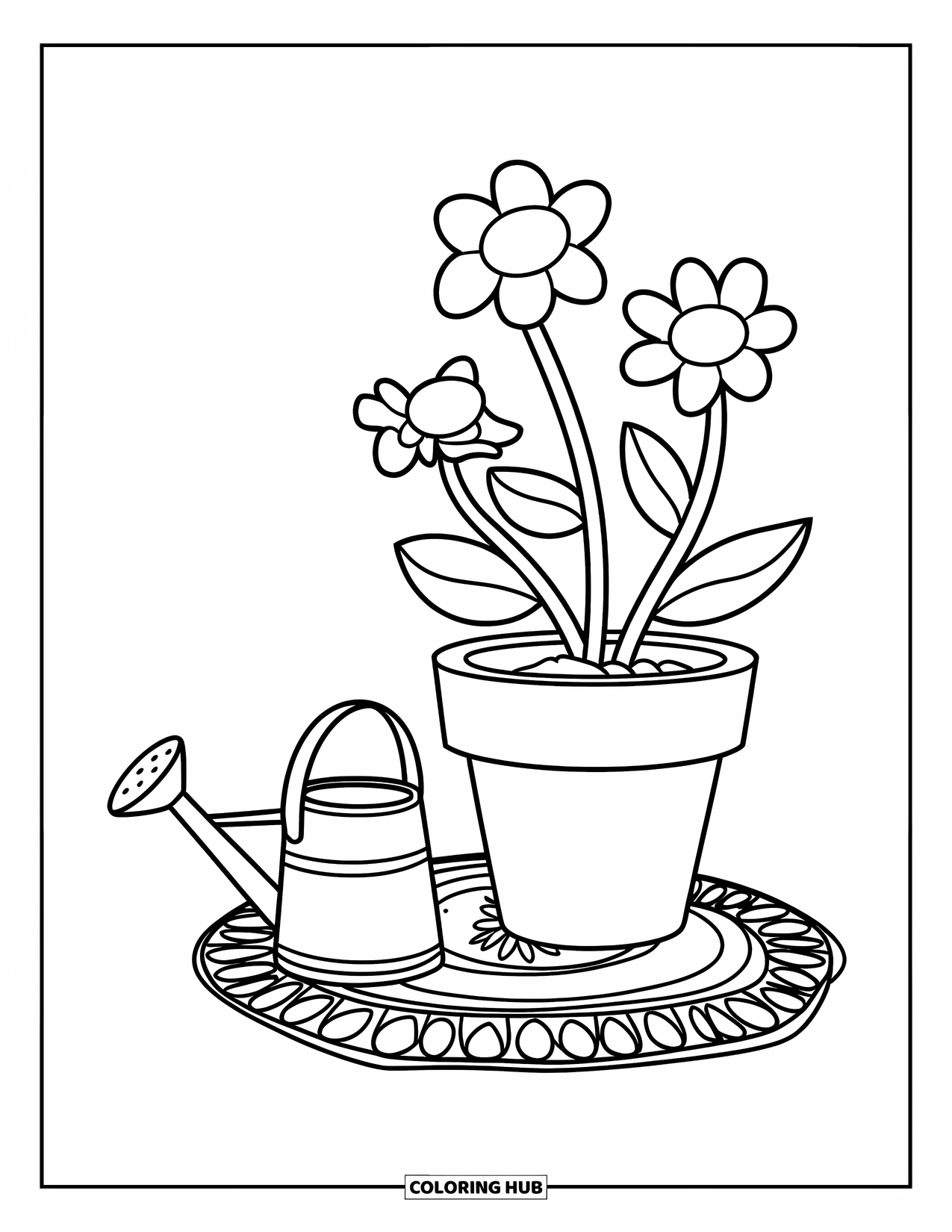 Floral Coloring Page for Kids: A potted flower with three curved stems and a tiny watering can